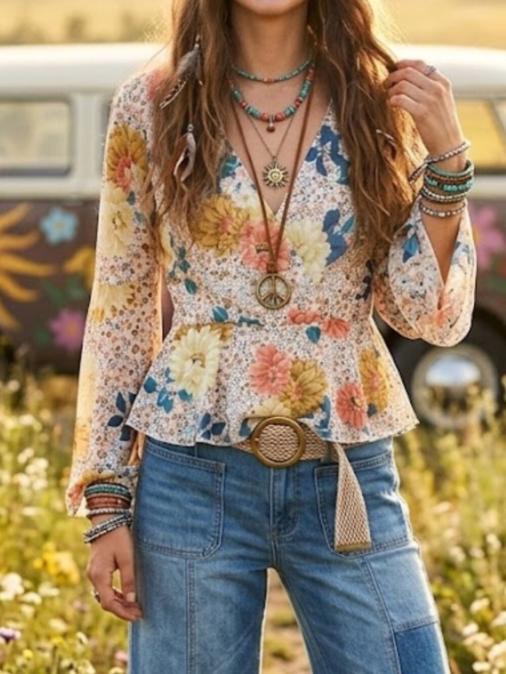 Hippie Festival 70s Bohemian Flare Sleeve Floral Top Size Large Faux Wrap Mesh